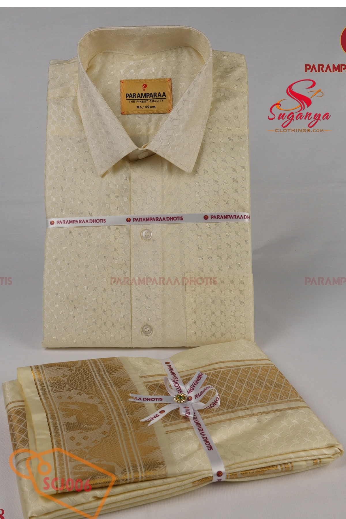 Men’s Art Silk Jacquard Shirt & Dhoti Wedding Special Diamond Cream