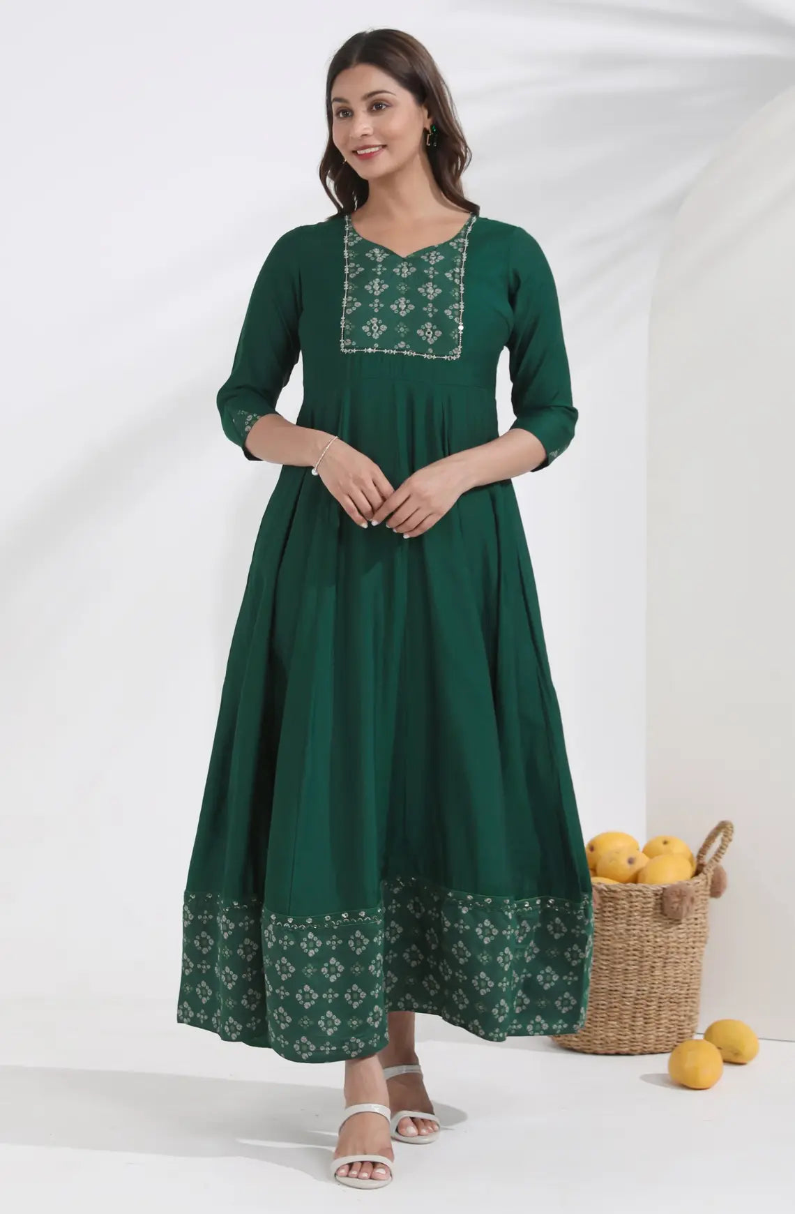 Bandhani Printed & Embroidered Green Anarkali