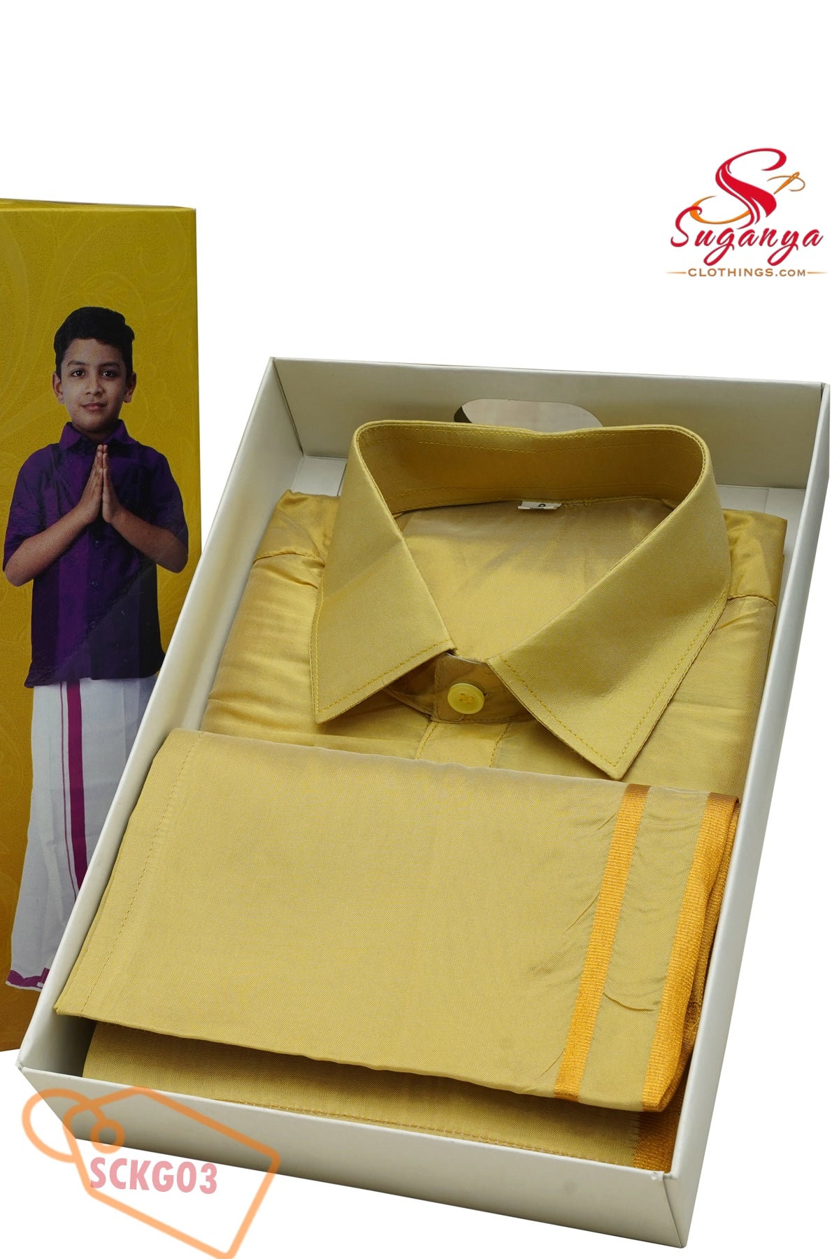Kids Art Silk Shirt & Velcro Dhoti Gold