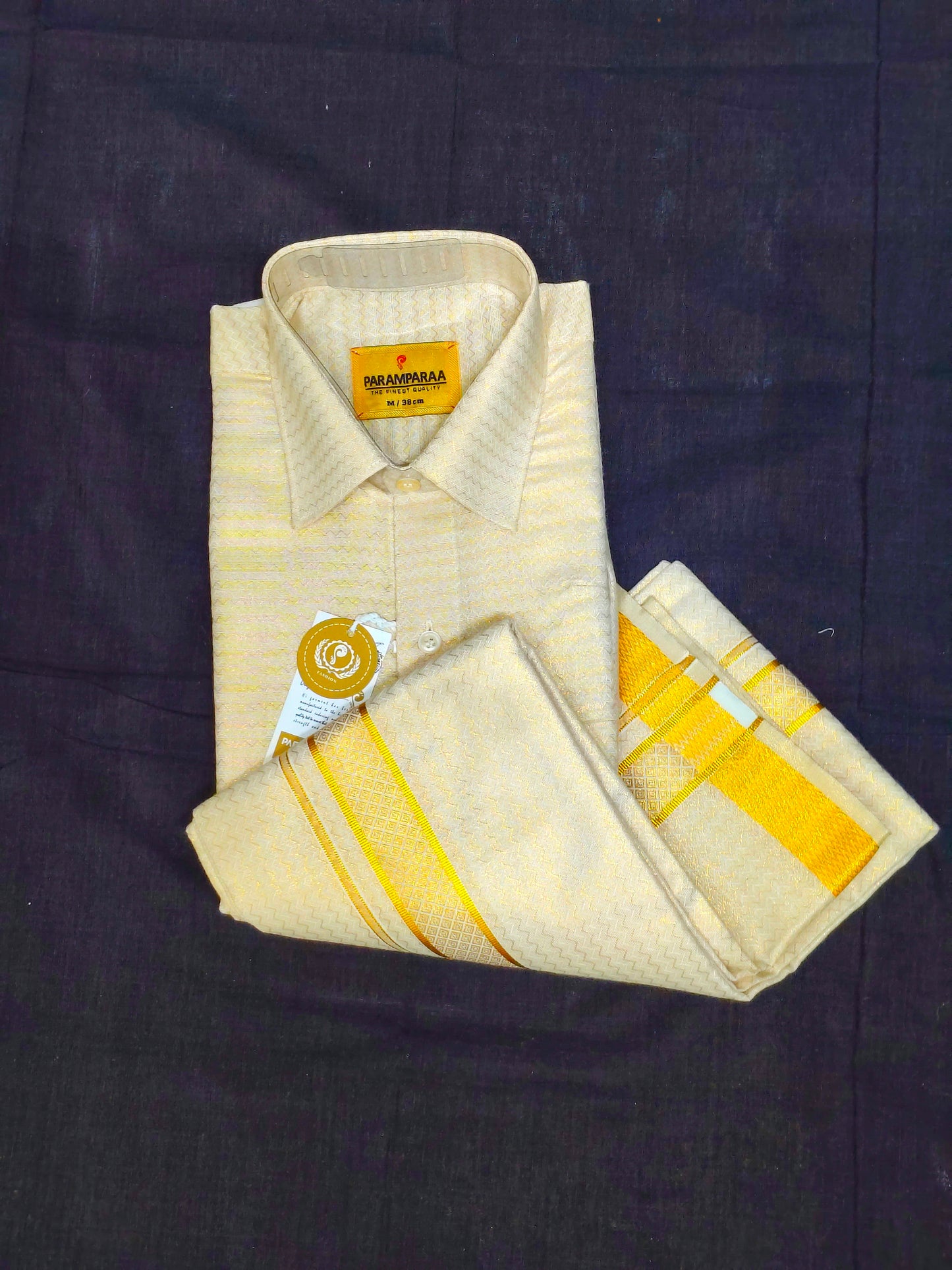 Tissue Emboss Shirt and Dhoti Gold Wave