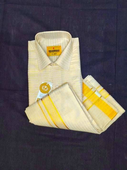 Tissue Emboss Shirt and Dhoti Gold Wave