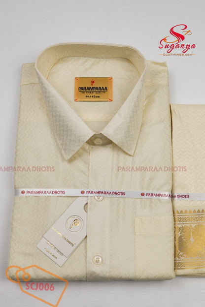 Men’s Art Silk Jacquard Shirt & Dhoti Wedding Special Weave cream