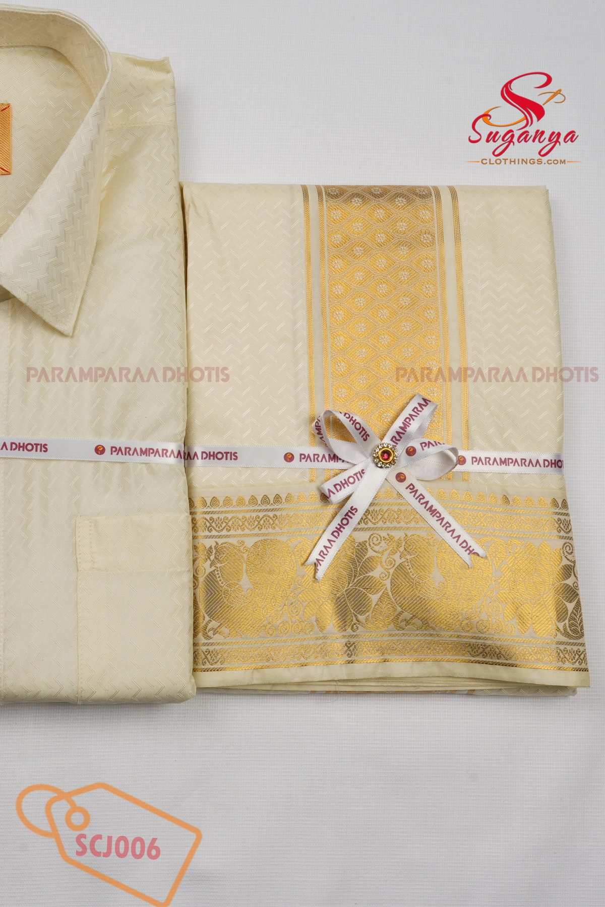 Men’s Art Silk Jacquard Shirt & Dhoti Wedding Special Weave cream