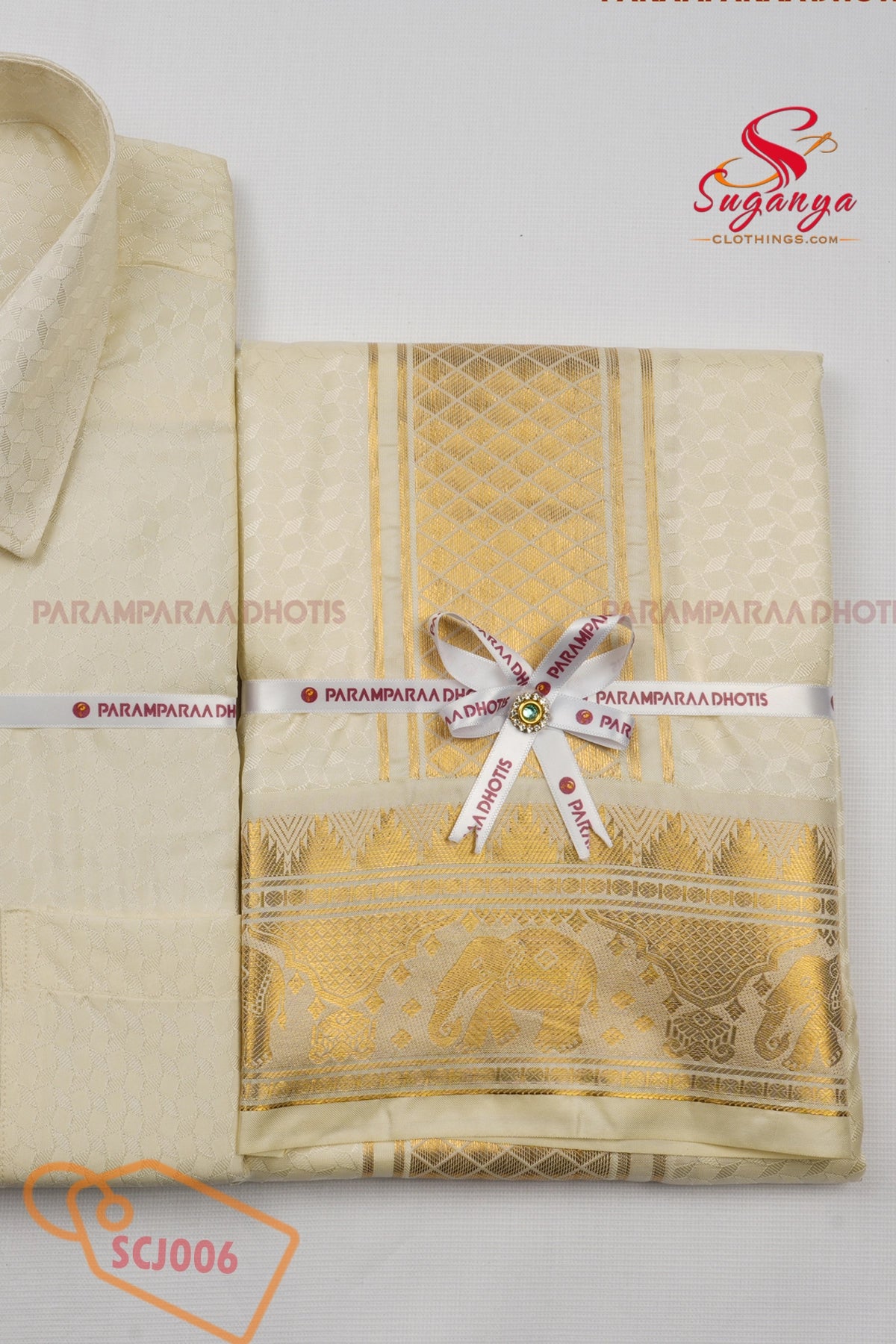 Men’s Art Silk Jacquard Shirt & Dhoti Wedding Special Diamond Cream