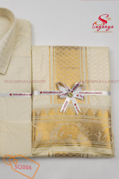 Men’s Art Silk Jacquard Shirt & Dhoti Wedding Special Diamond Cream
