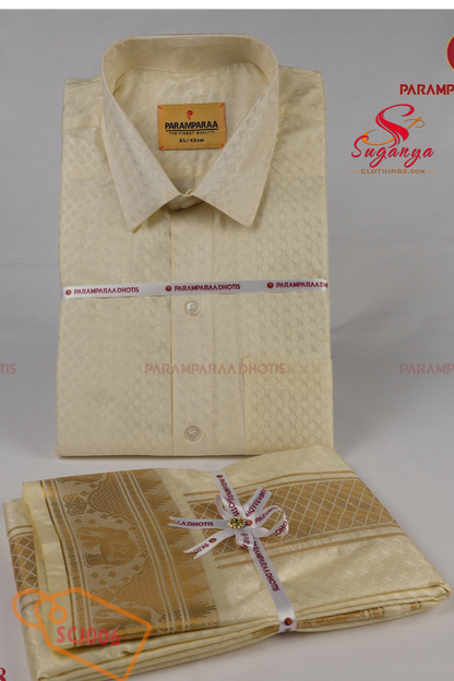 Men’s Art Silk Jacquard Shirt & Dhoti Wedding Special Diamond Cream