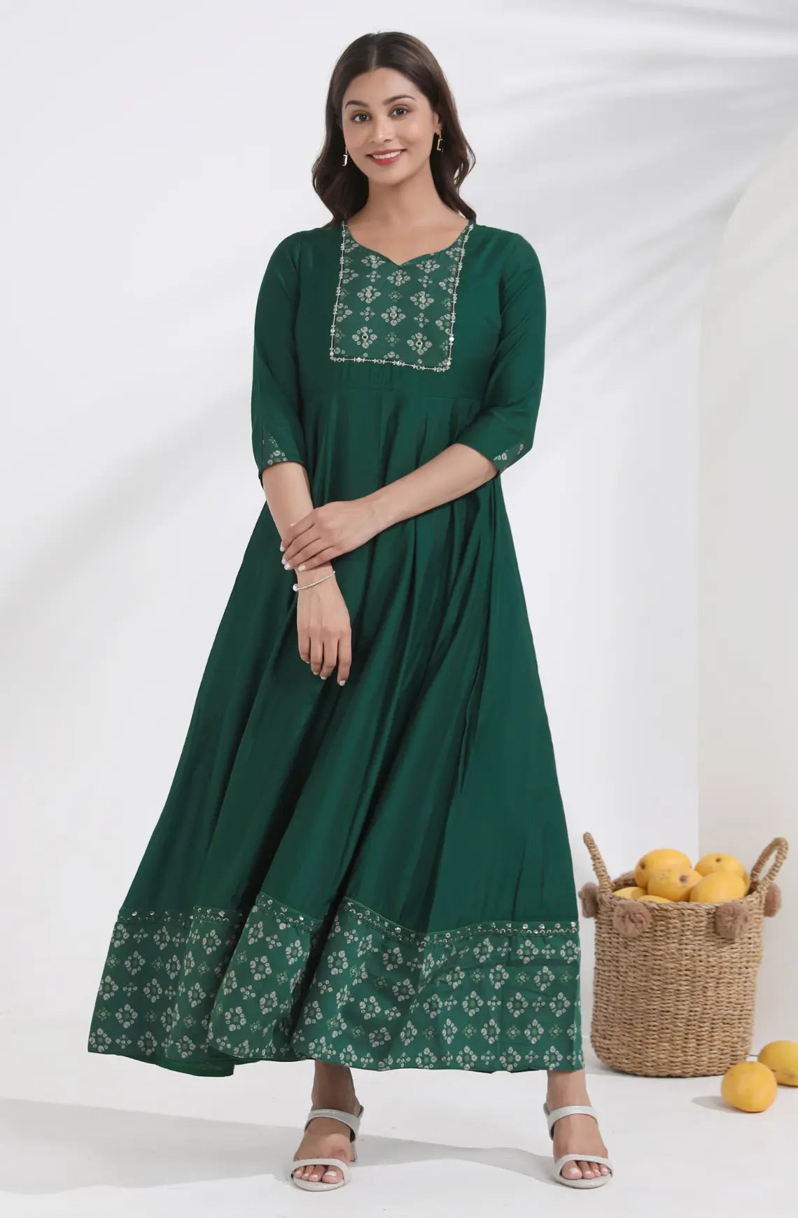 Bandhani Printed & Embroidered Green Anarkali