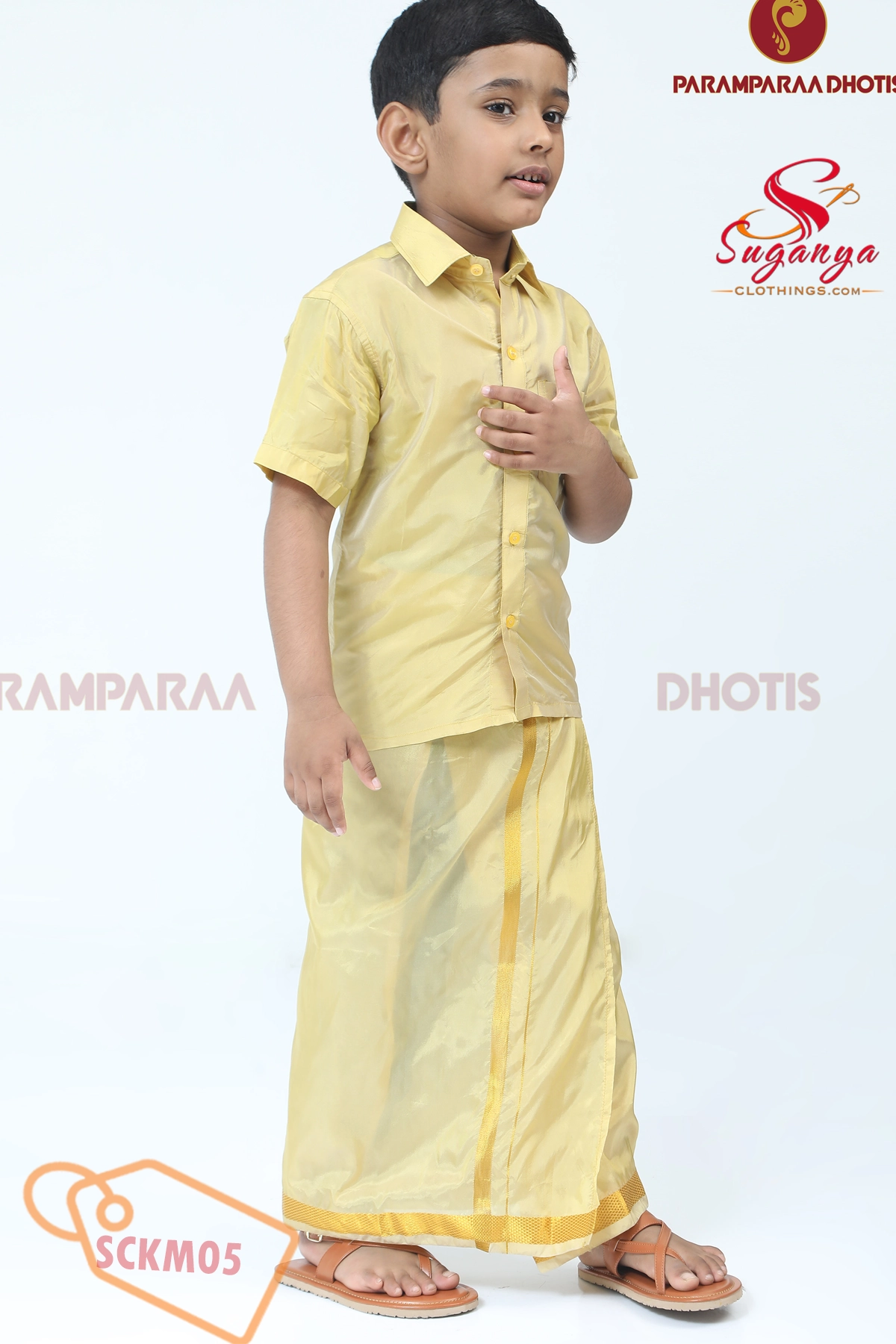 Kids Art Silk Shirt & Velcro Dhoti Biscut