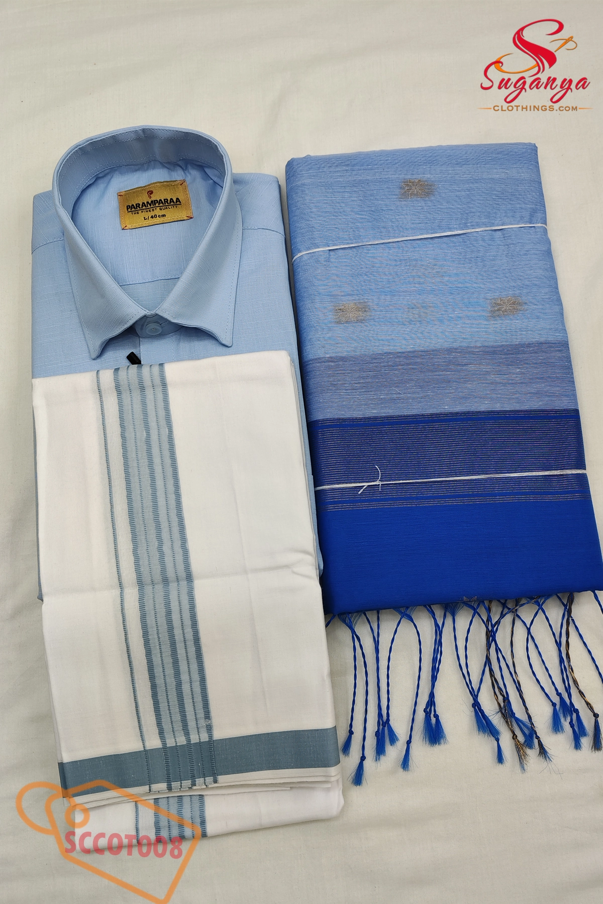 Cotton Couple Combo – Shirt, Dhoti & Maheshwari Cotton Saree Sky blue