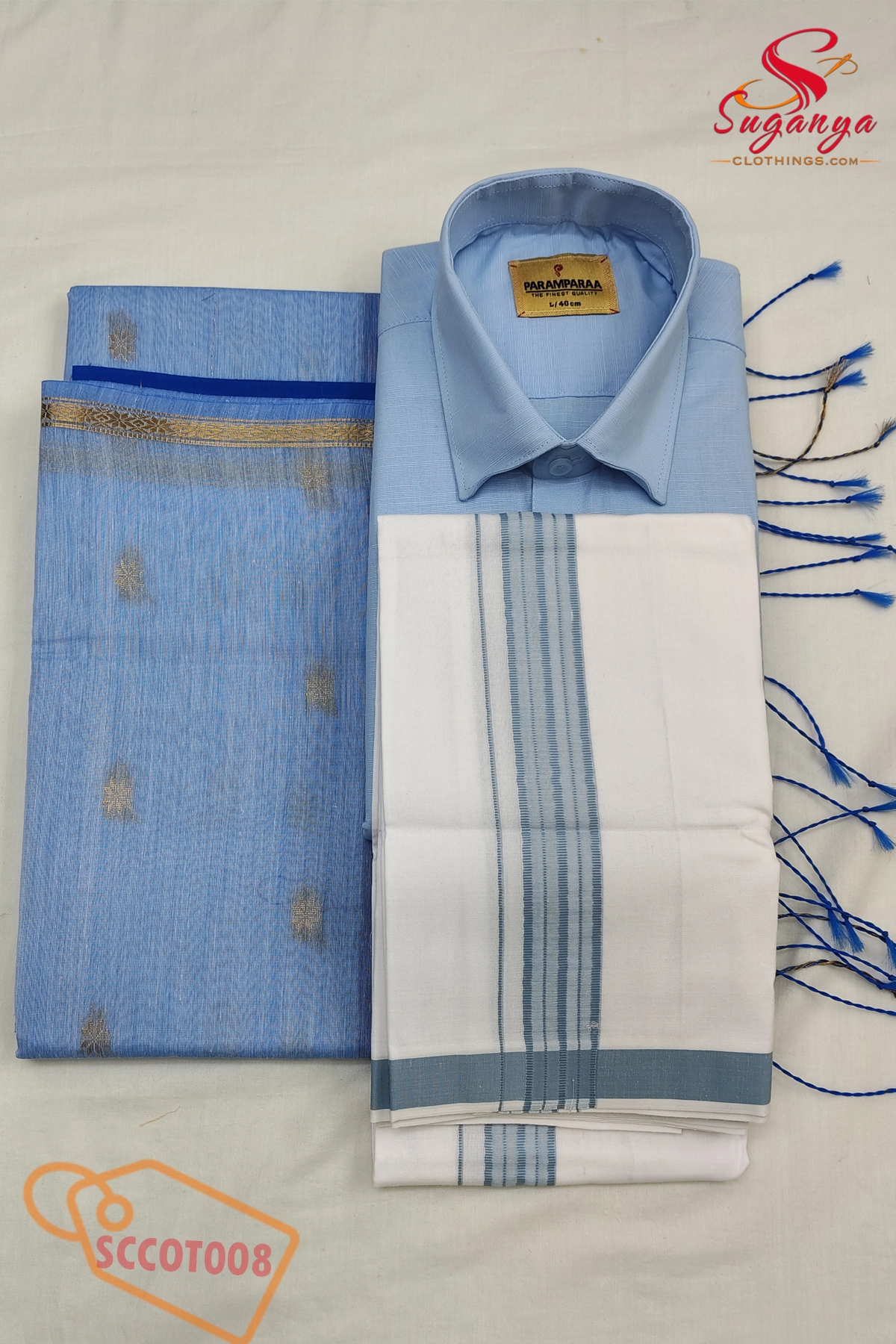 Cotton Couple Combo – Shirt, Dhoti & Maheshwari Cotton Saree Sky blue