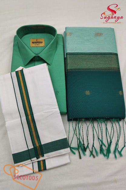 Cotton Couple Combo – Shirt, Dhoti & Maheshwari Cotton Saree Green