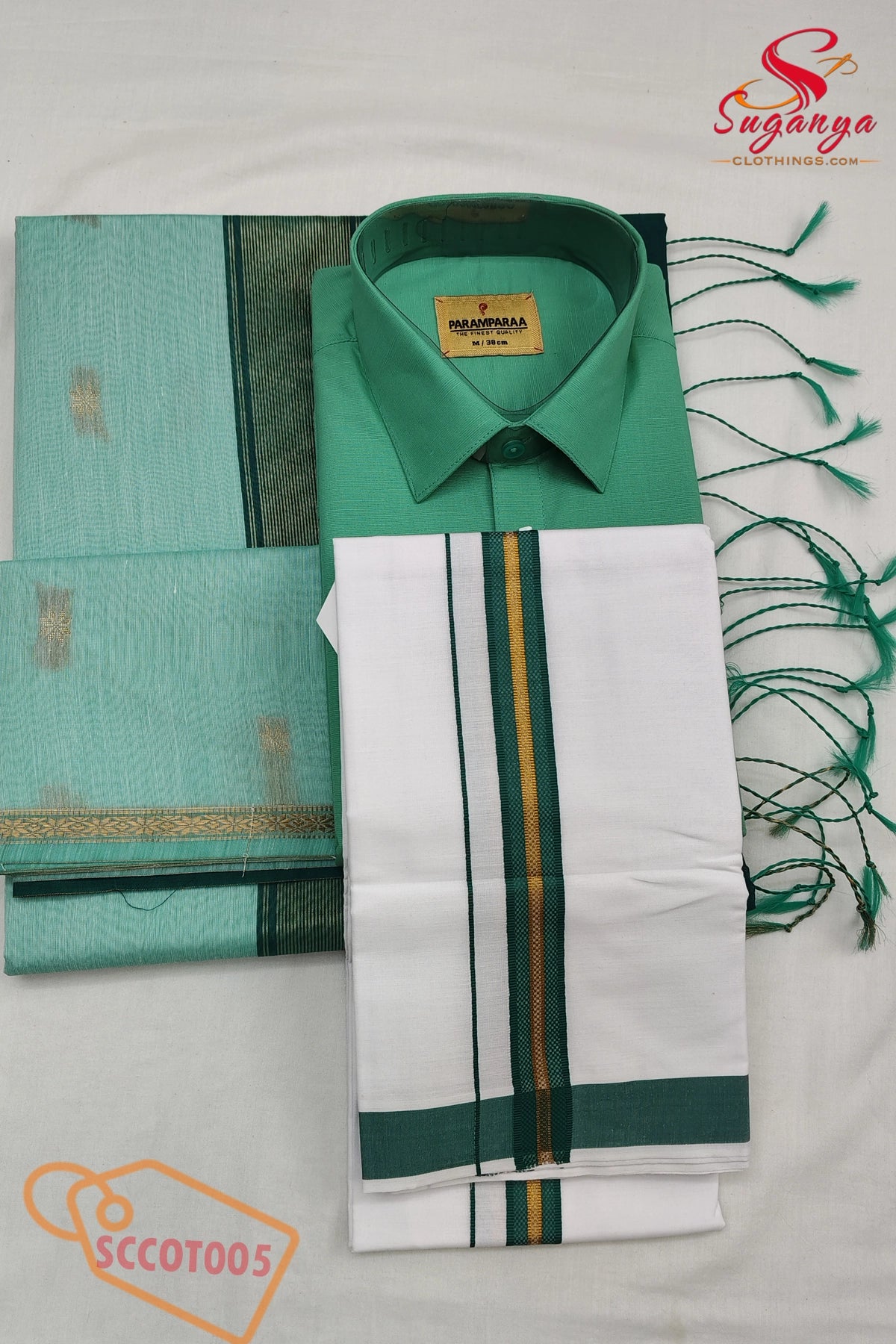 Cotton Couple Combo – Shirt, Dhoti & Maheshwari Cotton Saree Green