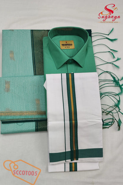 Cotton Couple Combo – Shirt, Dhoti & Maheshwari Cotton Saree Green