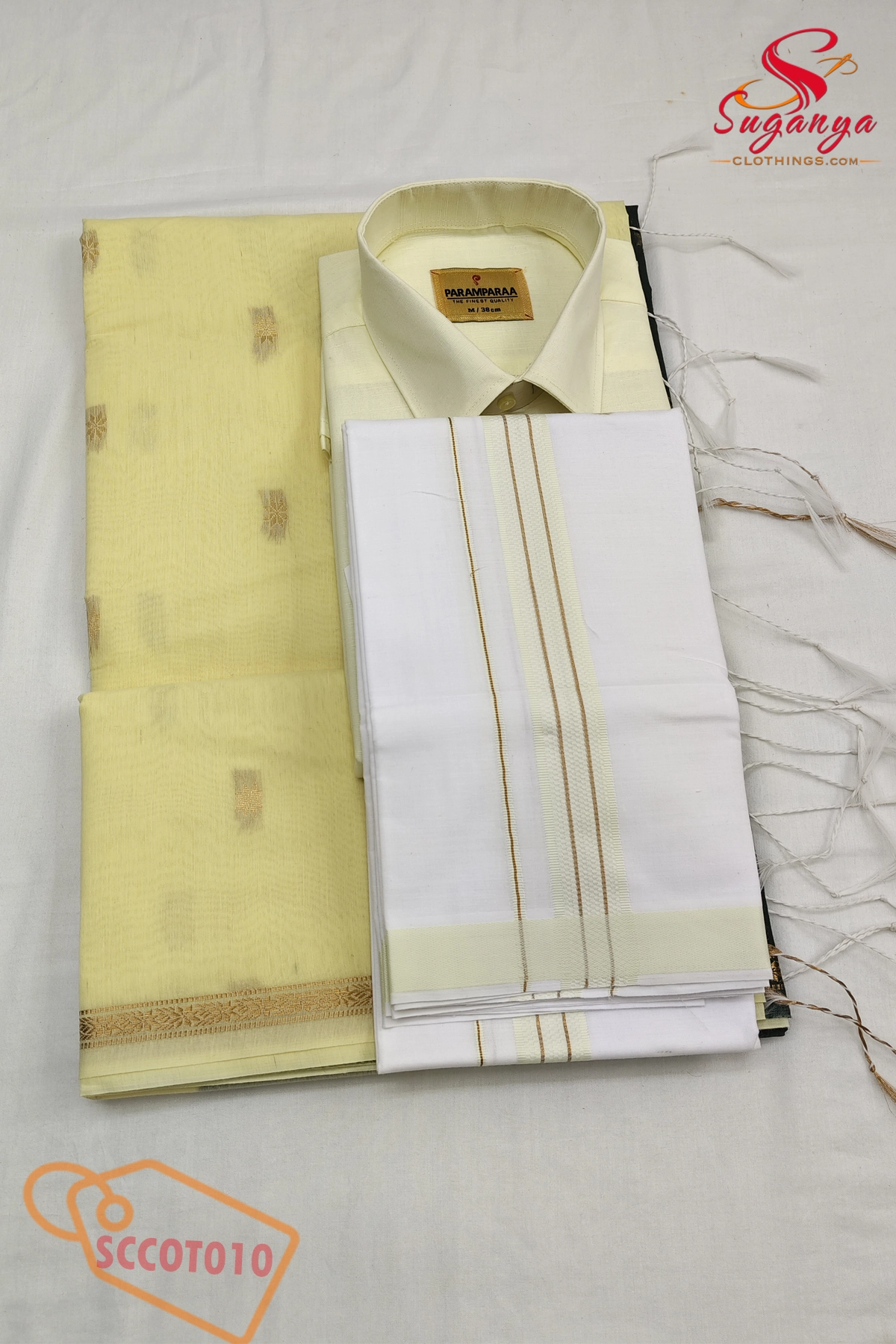 Cotton Couple Combo – Shirt, Dhoti & Maheshwari Cotton Saree Lemon