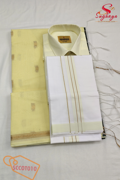 Cotton Couple Combo – Shirt, Dhoti & Maheshwari Cotton Saree Lemon