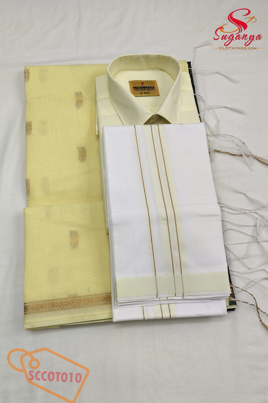 Cotton Couple Combo – Shirt, Dhoti & Maheshwari Cotton Saree Lemon