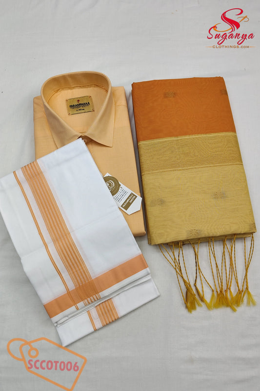 Cotton Couple Combo – Shirt, Dhoti & Maheshwari Cotton Saree Orange