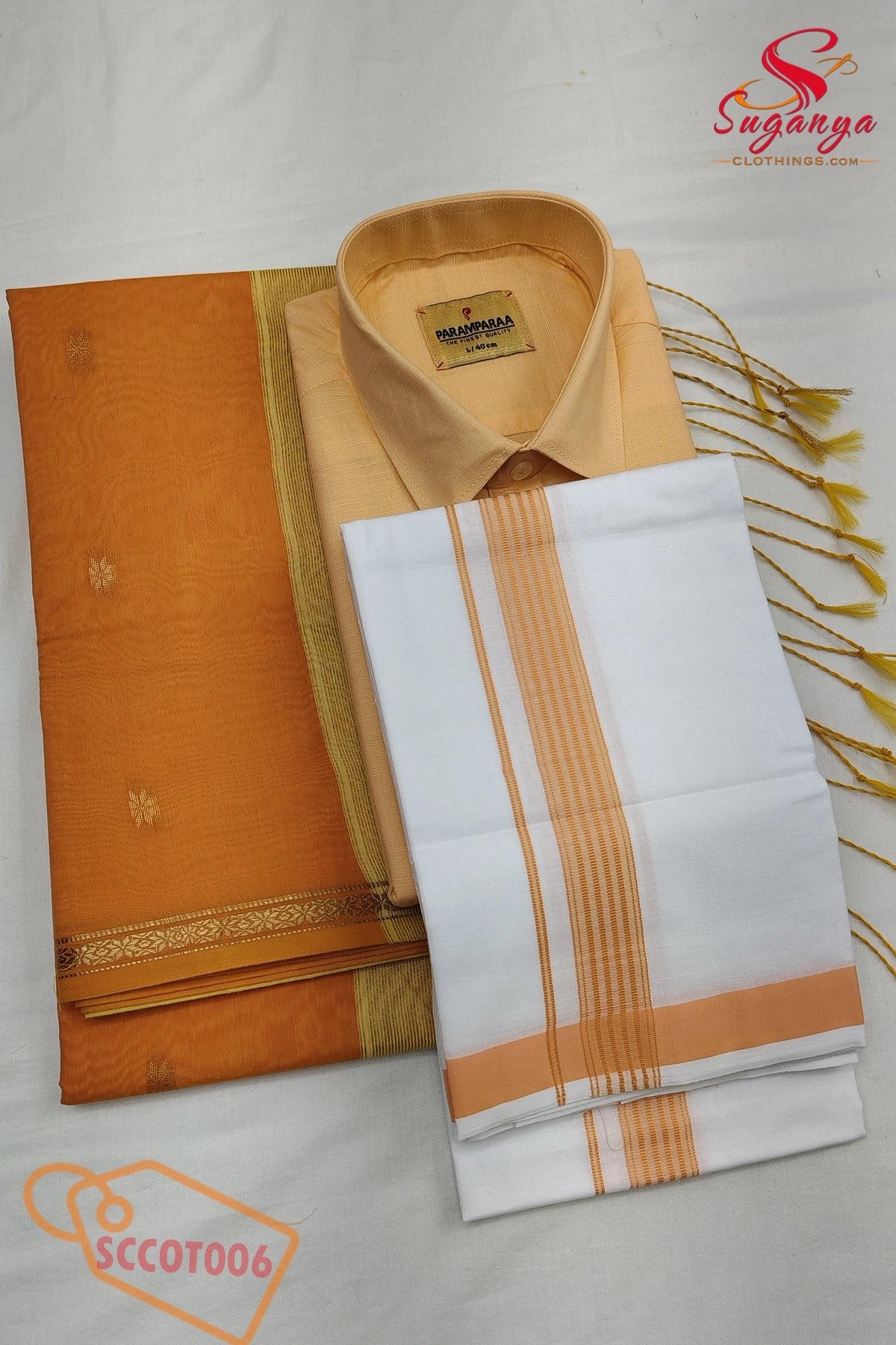 Cotton Couple Combo – Shirt, Dhoti & Maheshwari Cotton Saree Orange