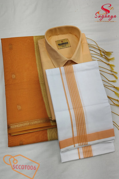 Cotton Couple Combo – Shirt, Dhoti & Maheshwari Cotton Saree Orange
