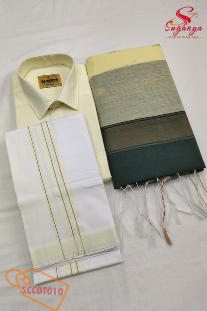 Cotton Couple Combo – Shirt, Dhoti & Maheshwari Cotton Saree Lemon