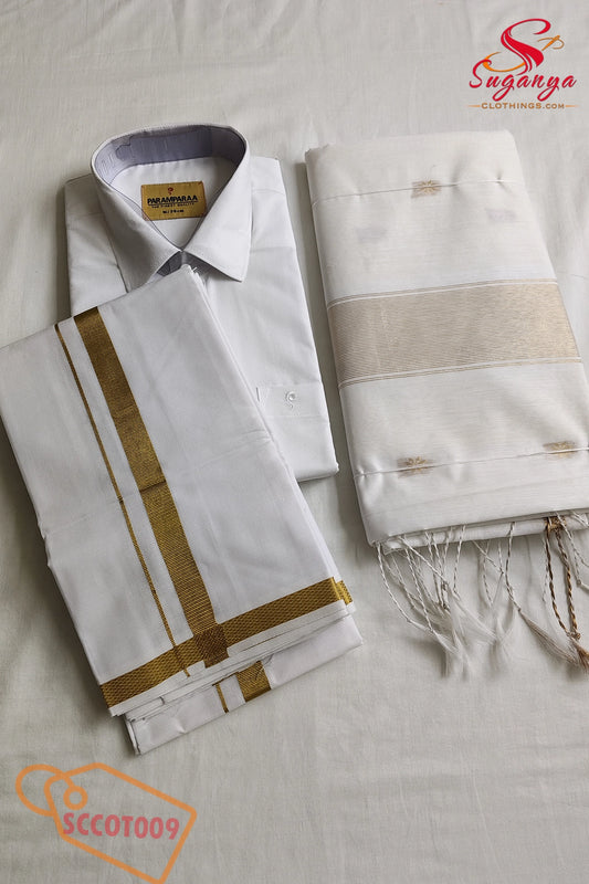 Cotton Couple Combo – Shirt, Dhoti & Maheshwari Cotton Saree White