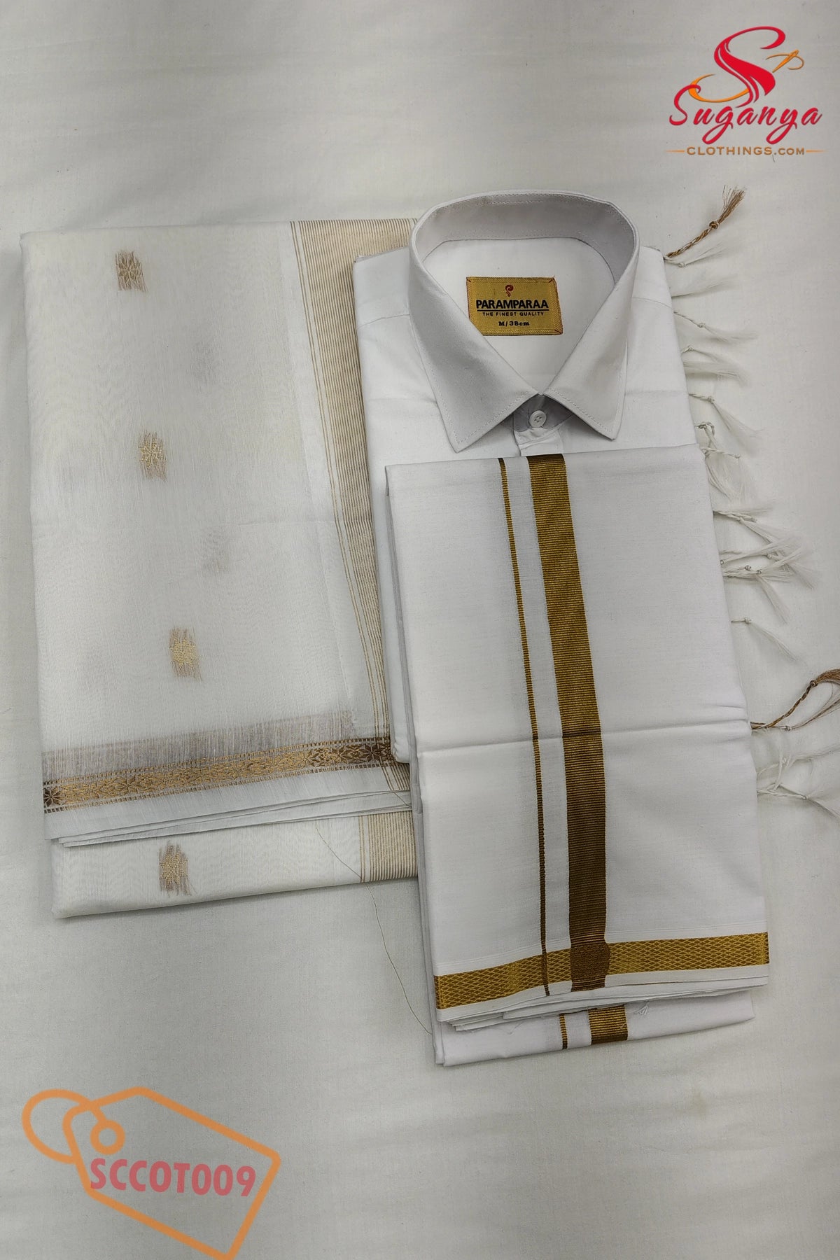 Cotton Couple Combo – Shirt, Dhoti & Maheshwari Cotton Saree White