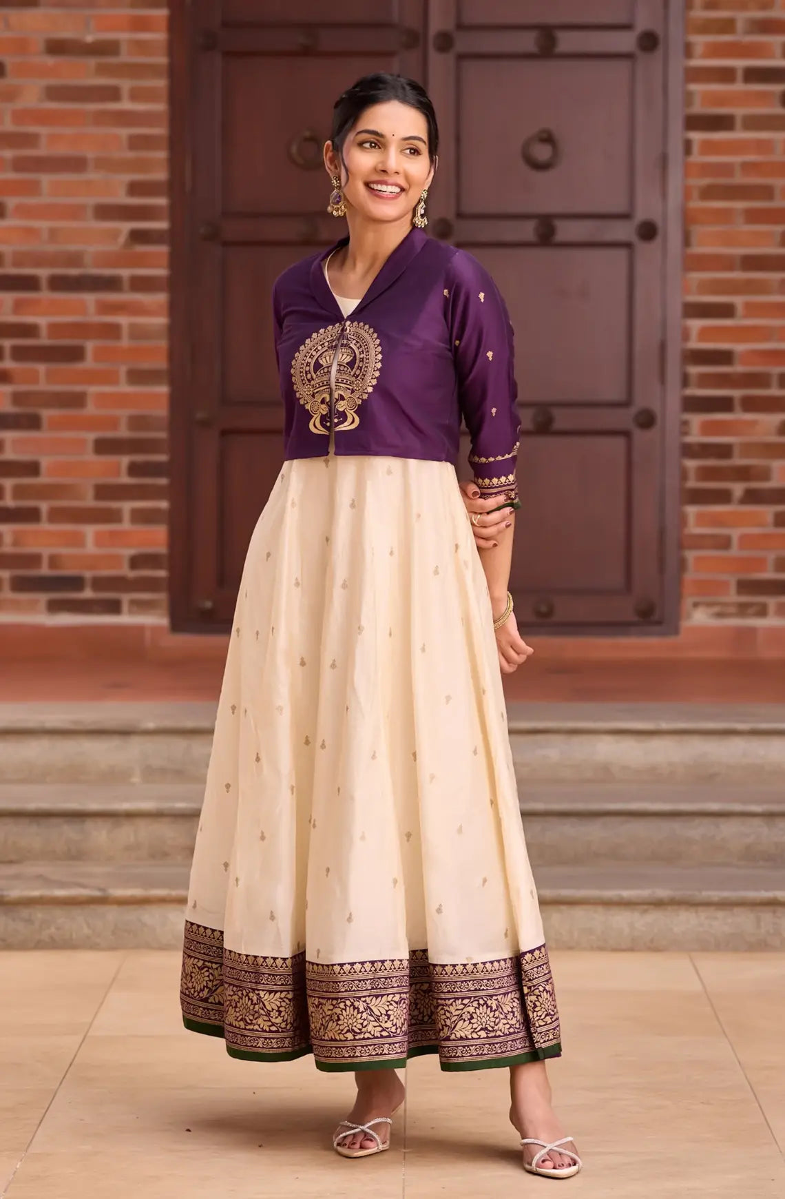 Elegant Off-White Kurta with Embroidered Yoke & Golden Detailing