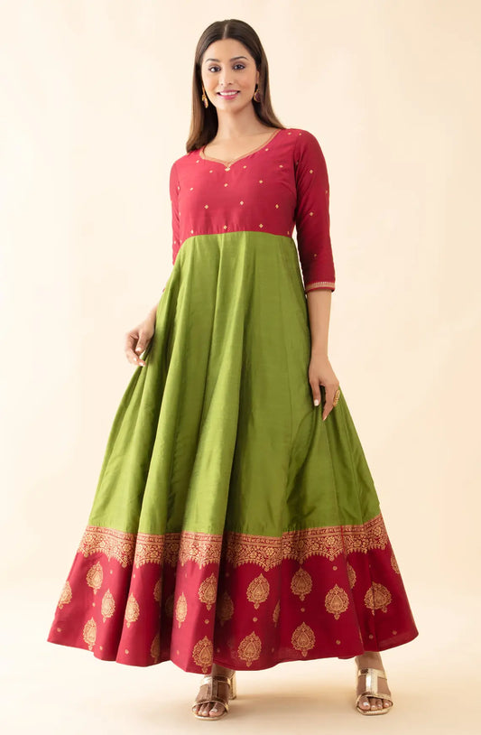 Ethnic Motif Printed Dual Tone Anarkali - Green & Magenta
