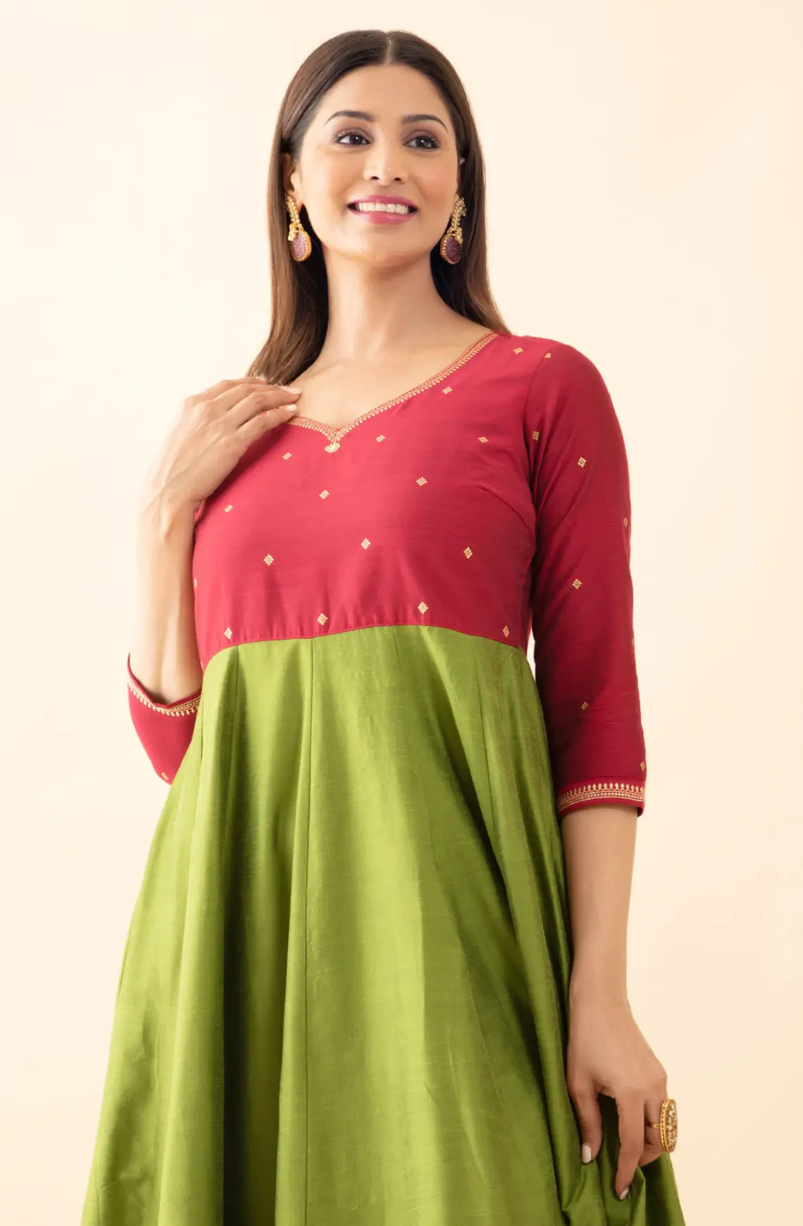 Ethnic Motif Printed Dual Tone Anarkali - Green & Magenta