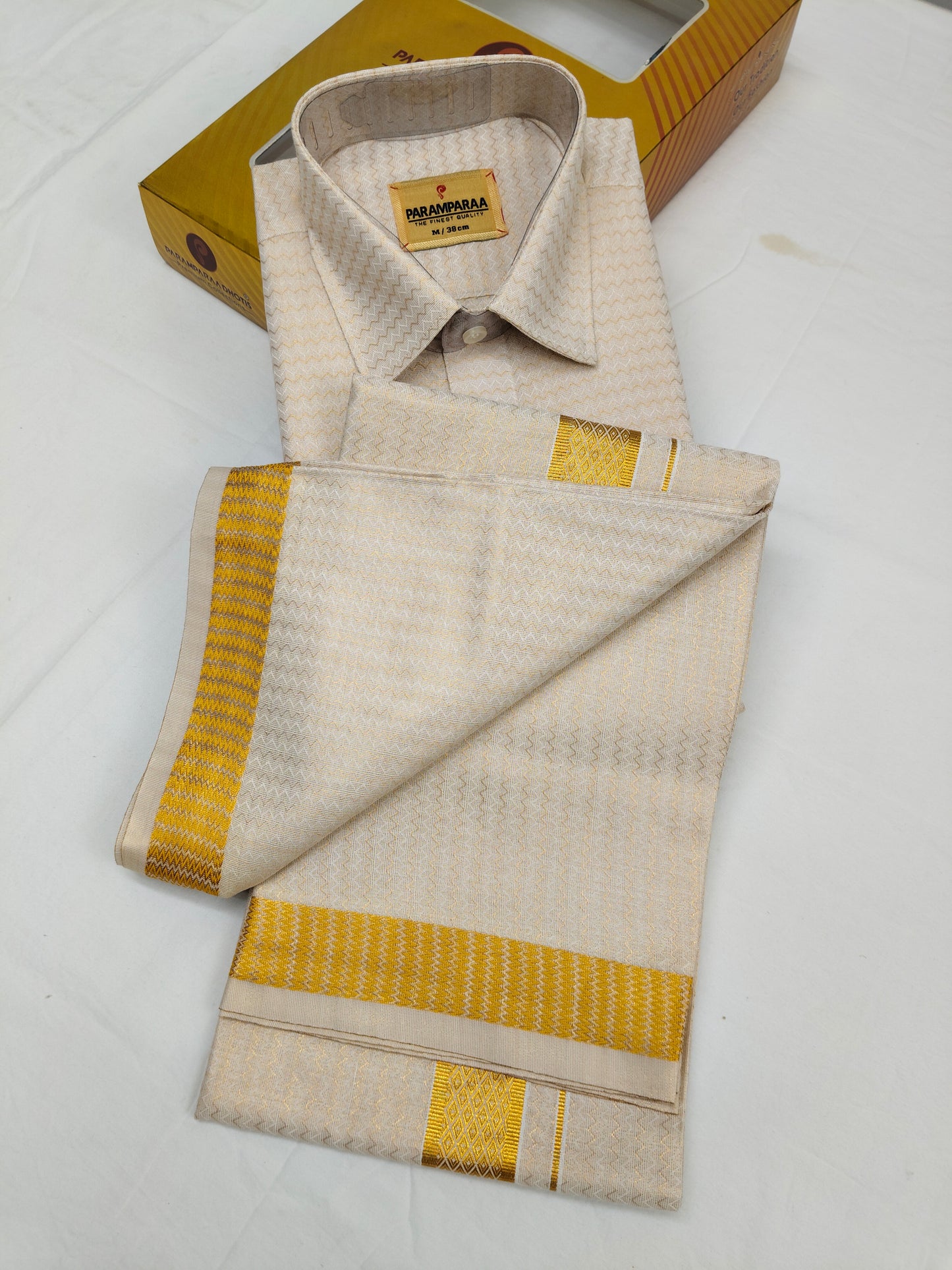 Tissue Emboss Shirt and Dhoti gold Wave