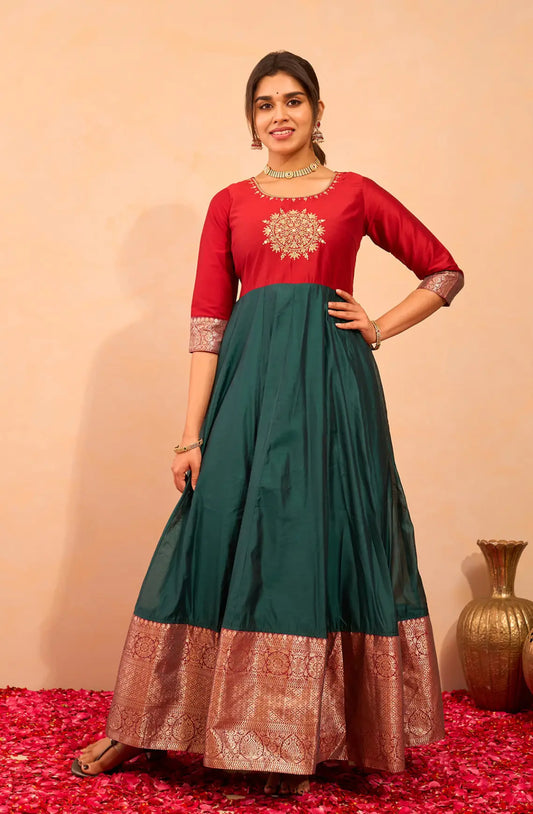 Mandala Floral Embroidered Anarkali - Red & Green