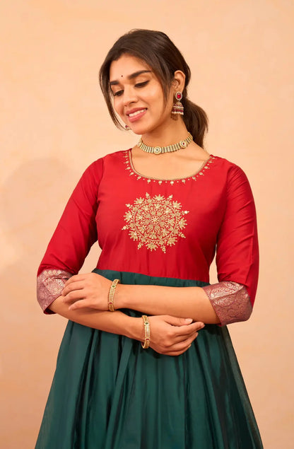 Mandala Floral Embroidered Anarkali - Red & Green