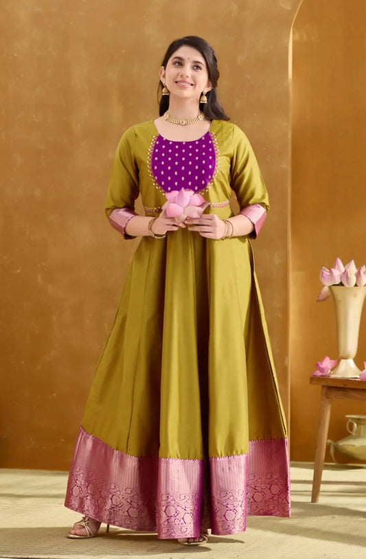 Mustard A-Line Anarkali with Dobby Yoke & Zari Border