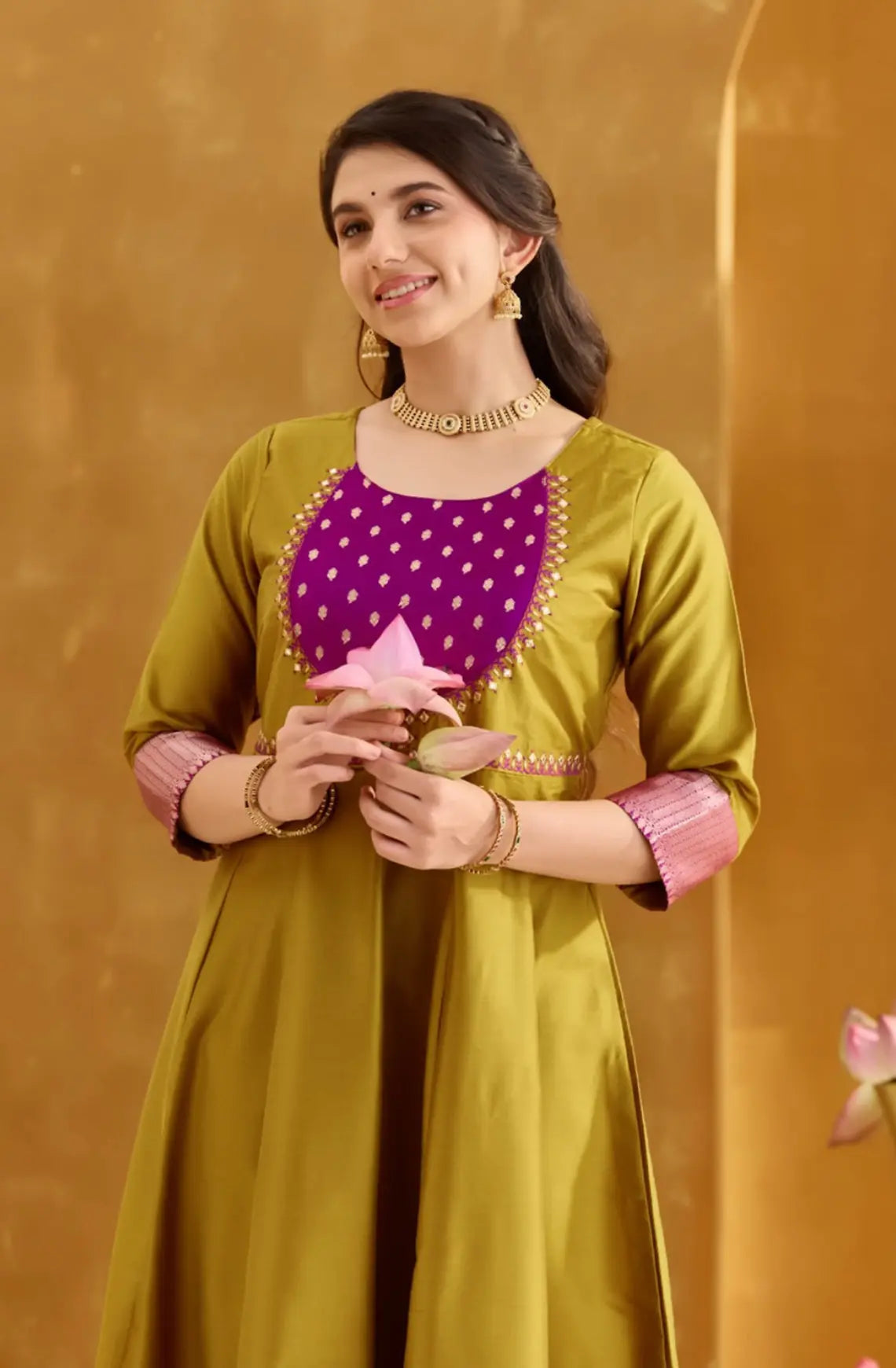 Mustard A-Line Anarkali with Dobby Yoke & Zari Border
