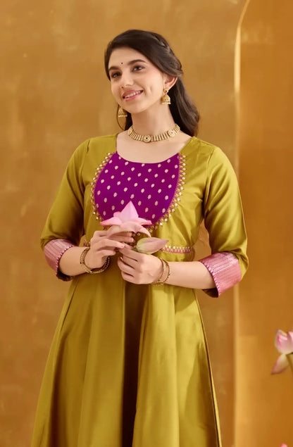 Mustard A-Line Anarkali with Dobby Yoke & Zari Border