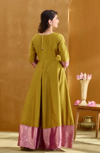 Mustard A-Line Anarkali with Dobby Yoke & Zari Border