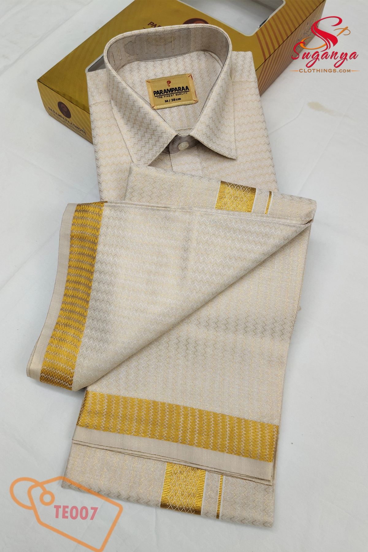 Tissue Emboss Shirt and Dhoti Gold Wave
