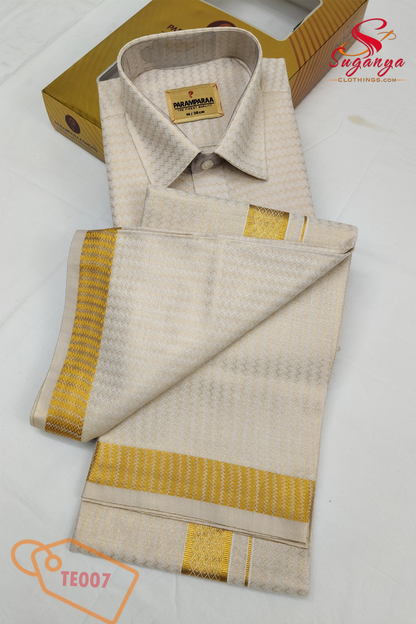 Tissue Emboss Shirt and Dhoti Gold Wave