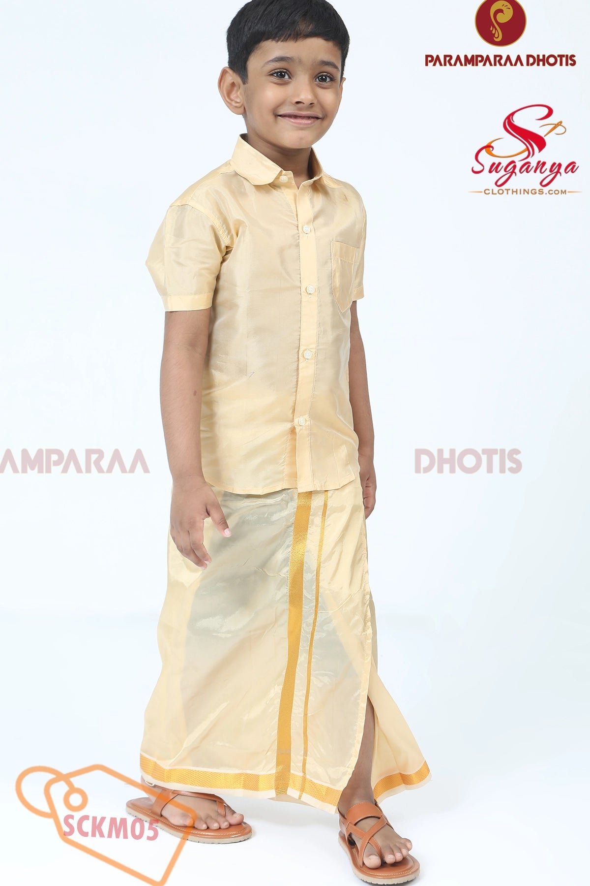 Kids Art Silk Shirt & Velcro Dhoti Mango