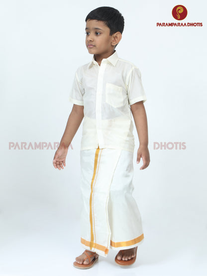 Kids Art Silk Shirt & Velcro Dhoti Cream