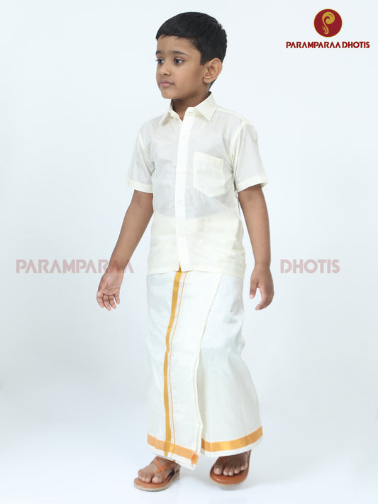 Kids Art Silk Shirt & Velcro Dhoti Cream